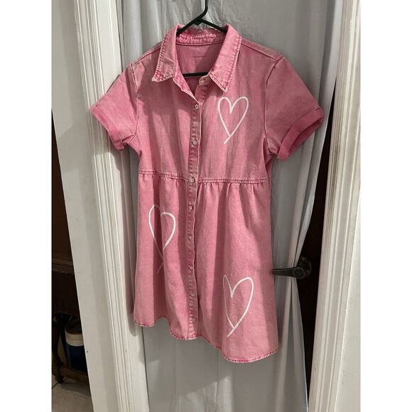 Pink Acid Wash Denim Button Down Babydoll Tiered Heart Print Dress Sz S - Picture 3 of 6